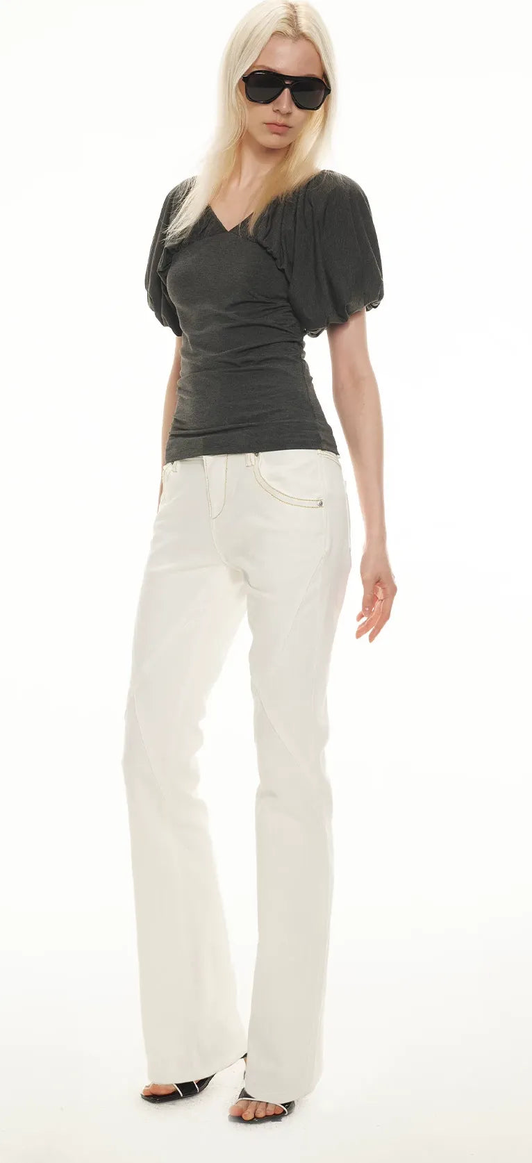 Soft Draped Puff Sleeve V-Neck Slim T-Shirt