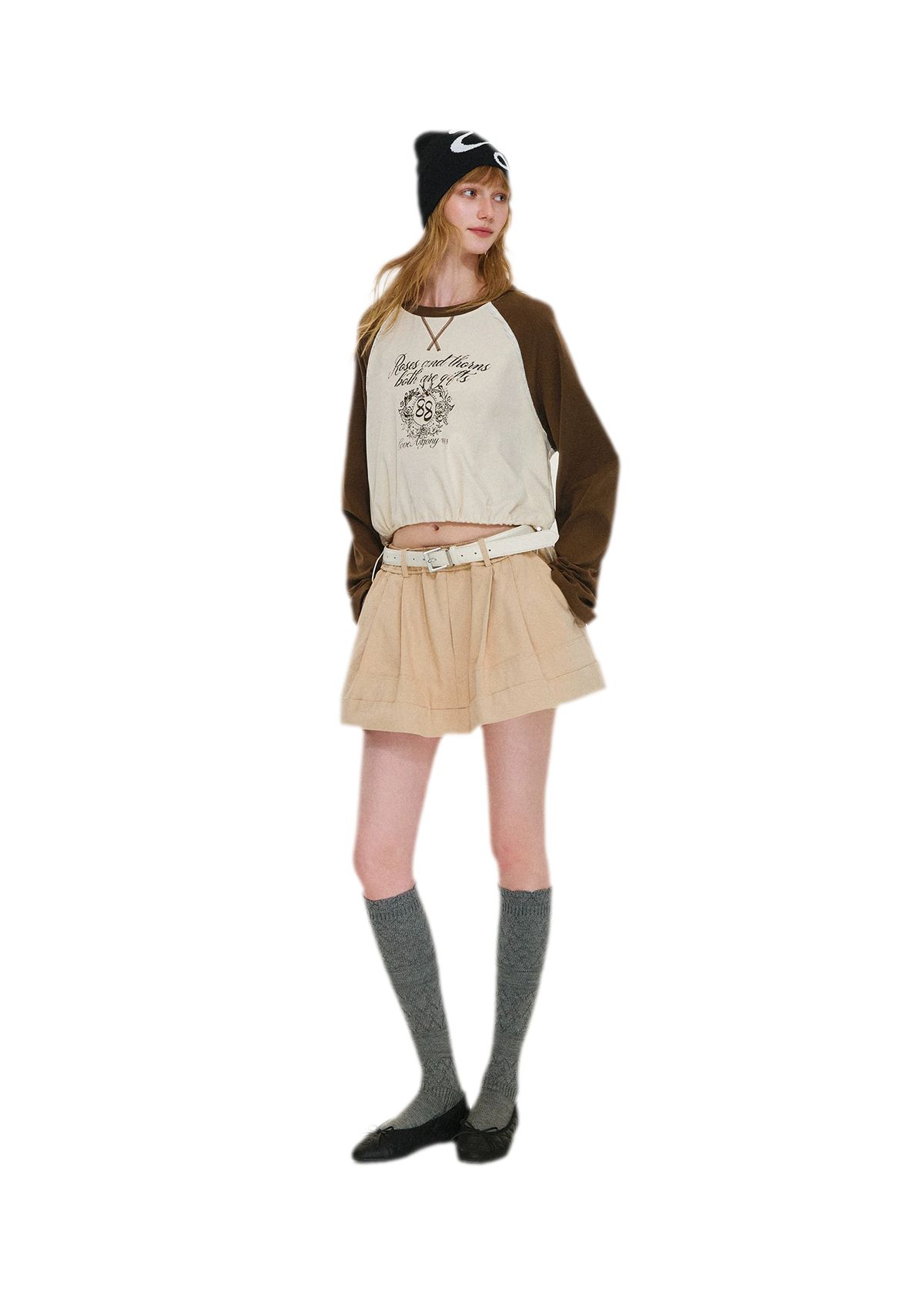 Cotton Raglan Cropped Long-Sleeve Top