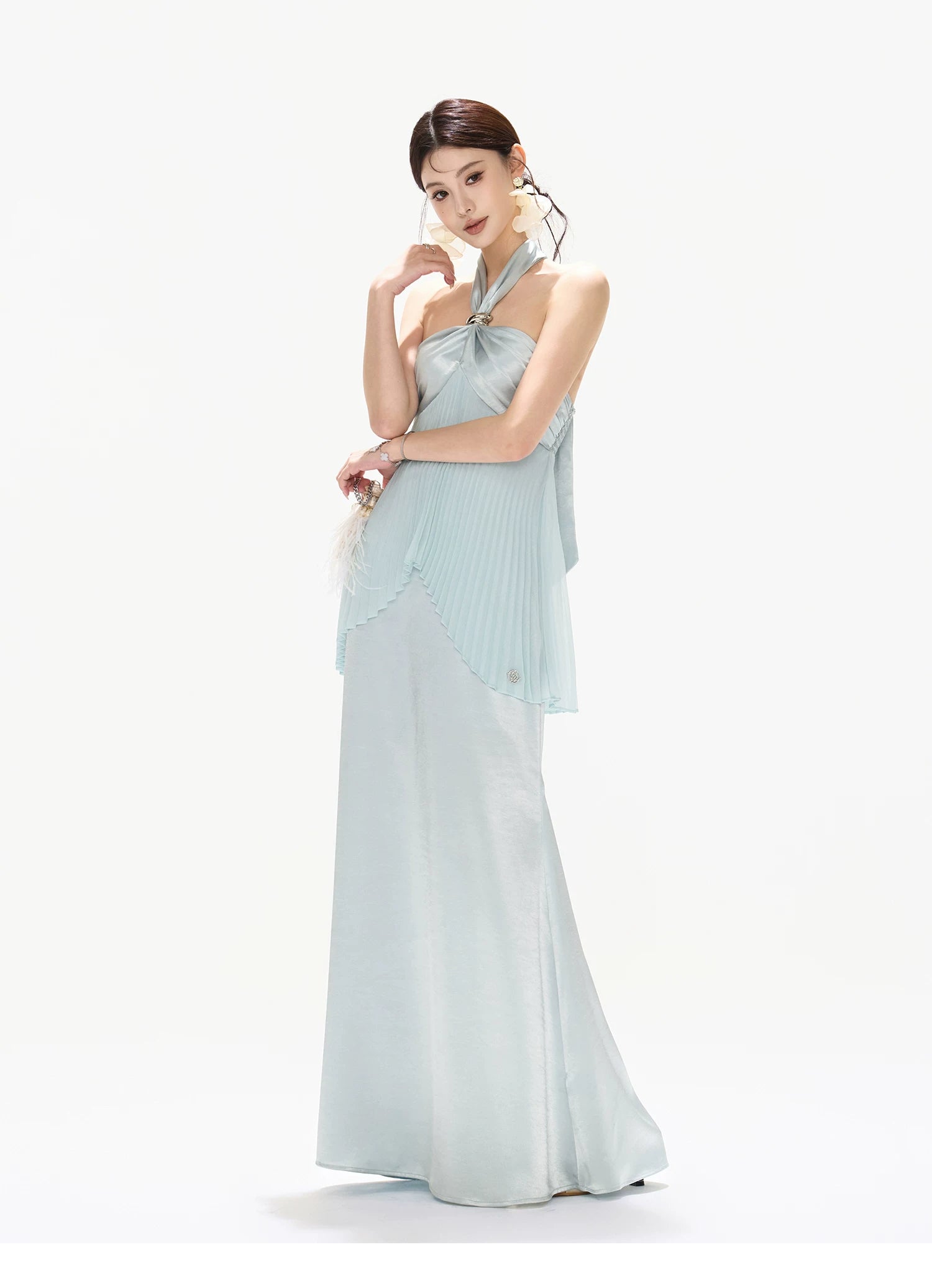 Misty Blue Pleated Halter Satin Long Dress
