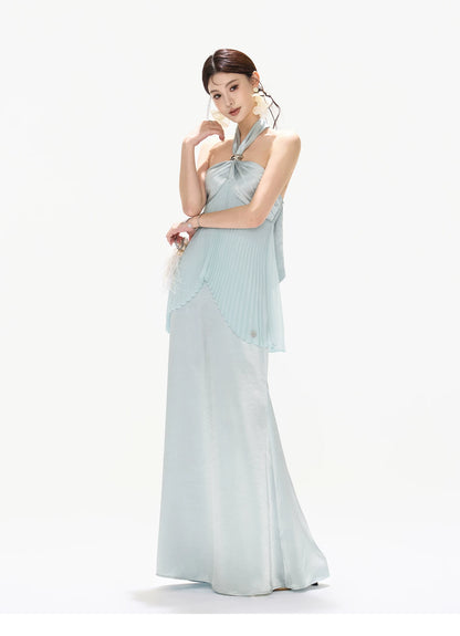 Misty Blue Pleated Halter Satin Long Dress