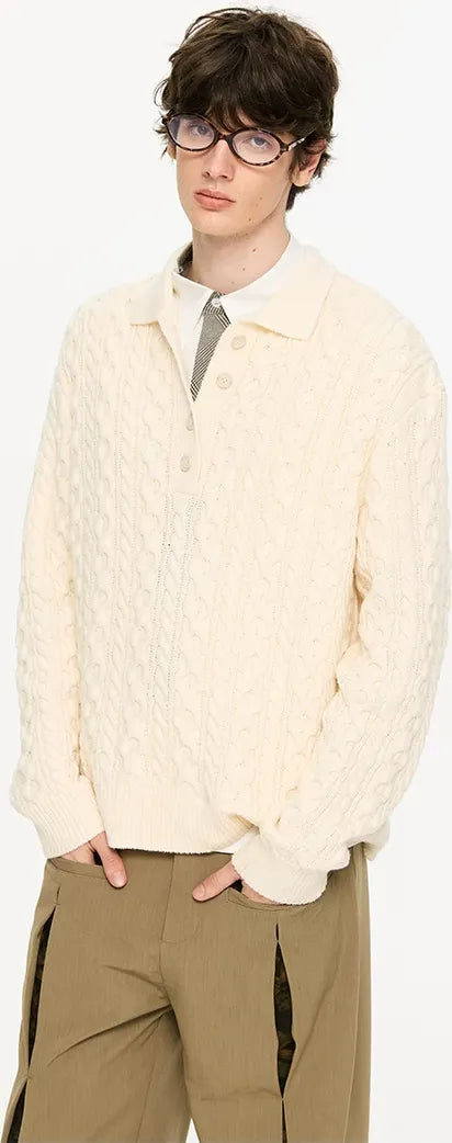 Chunky Cable Knit Polo Sweater