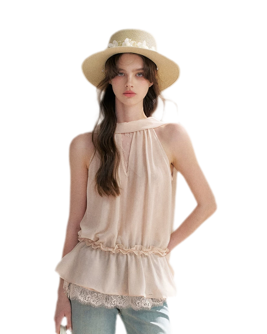 Chiffon Lace Halter V-Neck Blouse