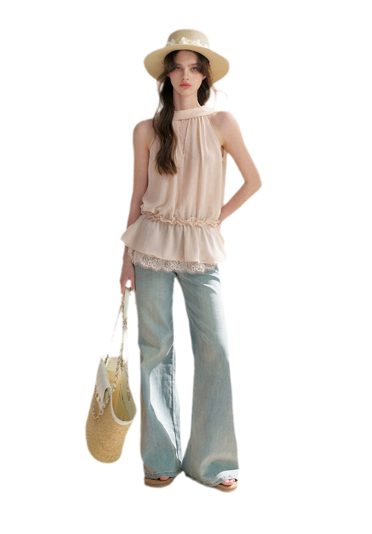 Chiffon Lace Halter V-Neck Blouse