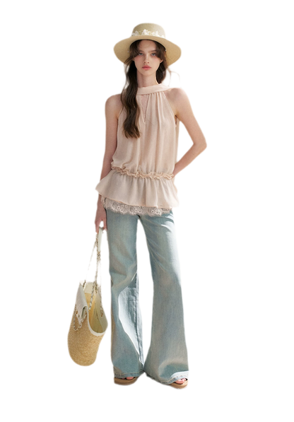 Chiffon Lace Halter V-Neck Blouse