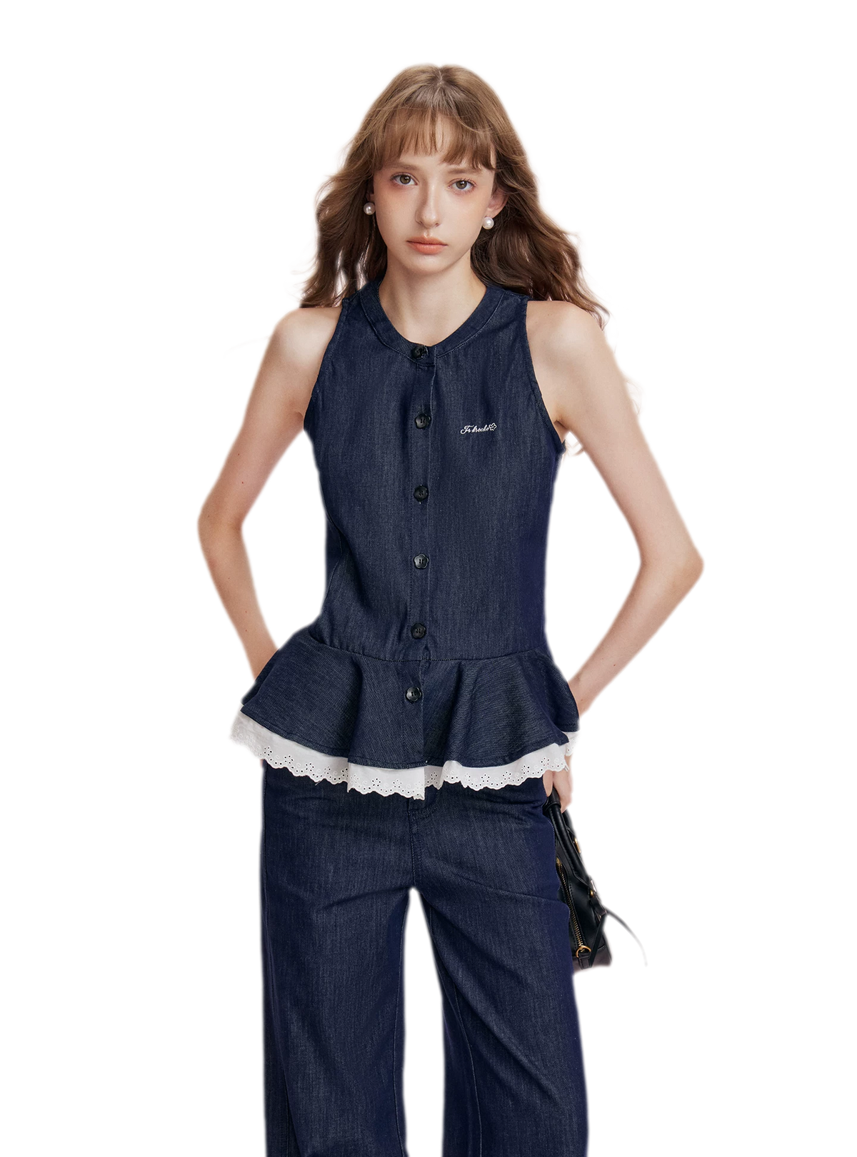 Lace Trim Peplum Denim Set