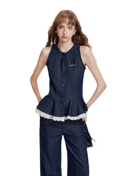 Lace Trim Peplum Denim Set