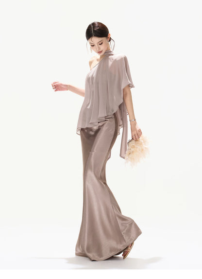 Elegant Asymmetric Chiffon Shawl Top with Built-in Bustier