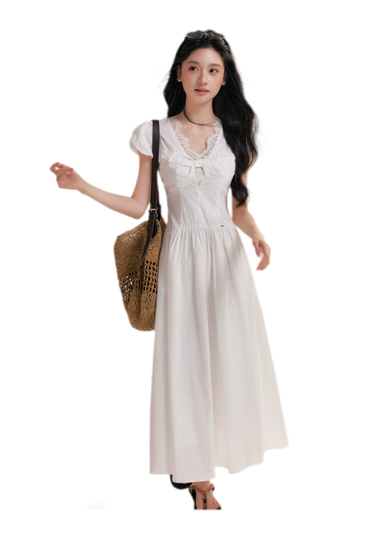 Knot Design French Lace Puff Sleeve A-Line Dress