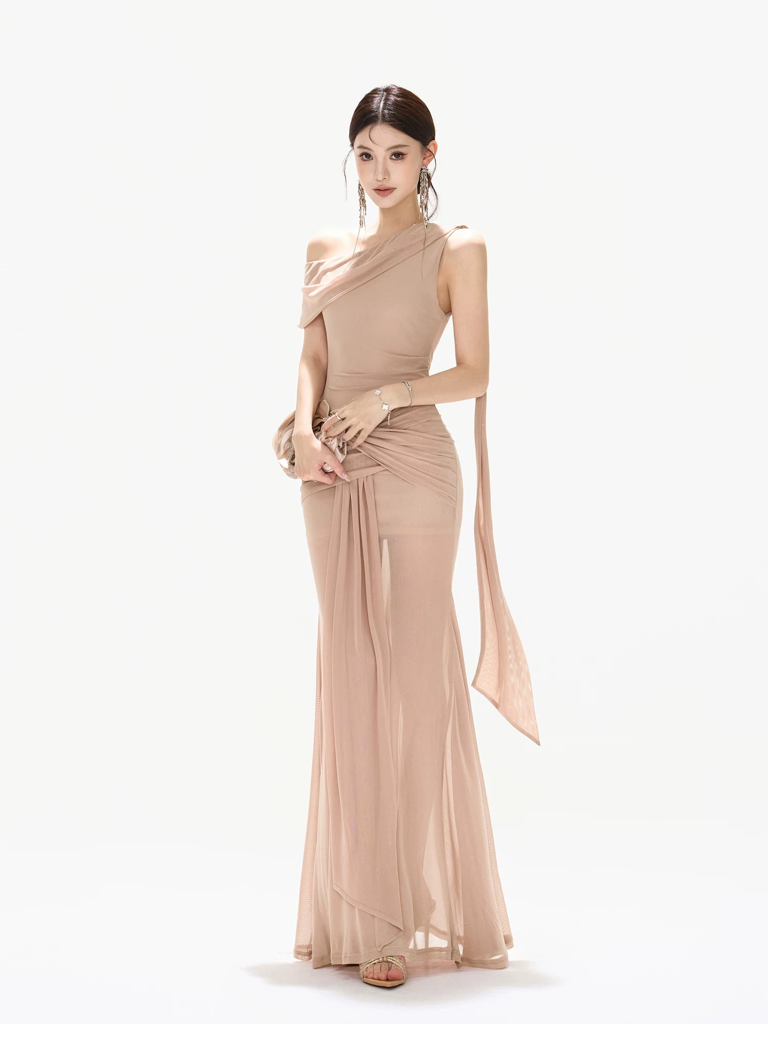 Asymmetric Off-Shoulder Mesh Long Dress