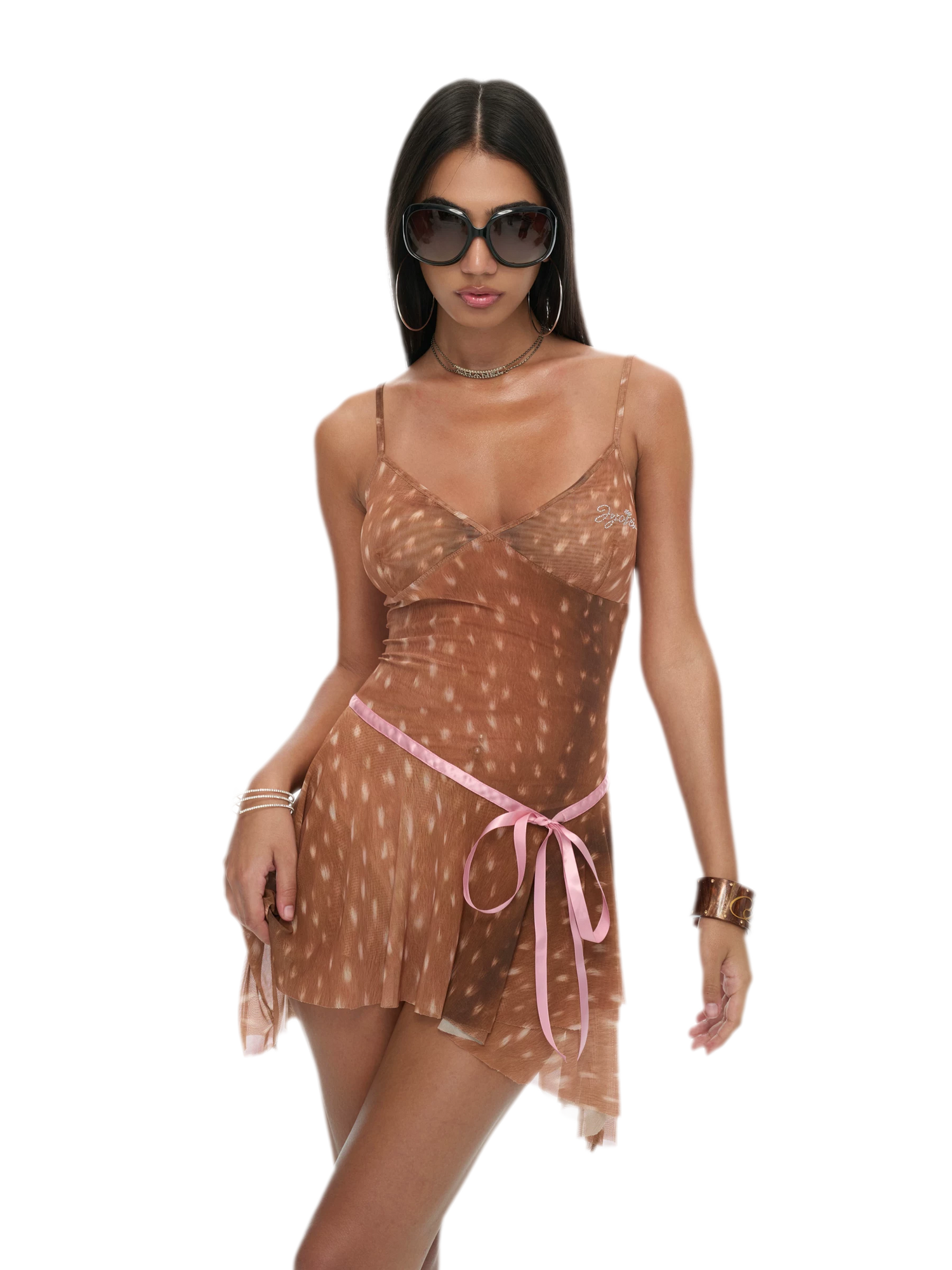 Deer Print Sheer Ribbon Dress