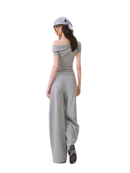 Asymmetric Off-Shoulder Tee Pants Set