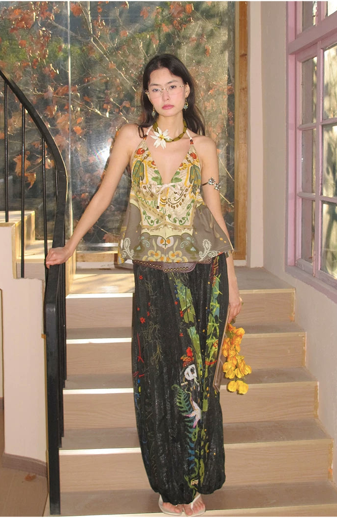 She Island Bohemian Halter Tie-Back Printed Crop Top