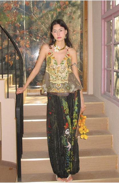 She Island Bohemian Halter Tie-Back Printed Crop Top