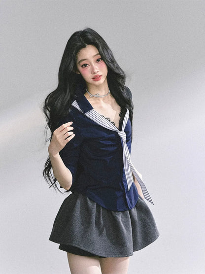 細條紋蕾絲 Polo 衫