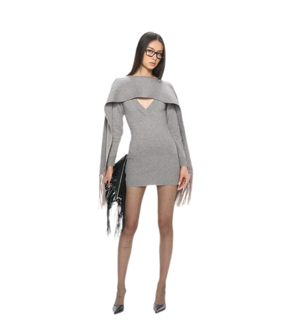 Deep V Fringe Knit Dress