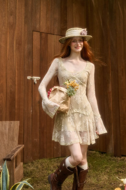 Embossed Lace Cinched Waist Dress