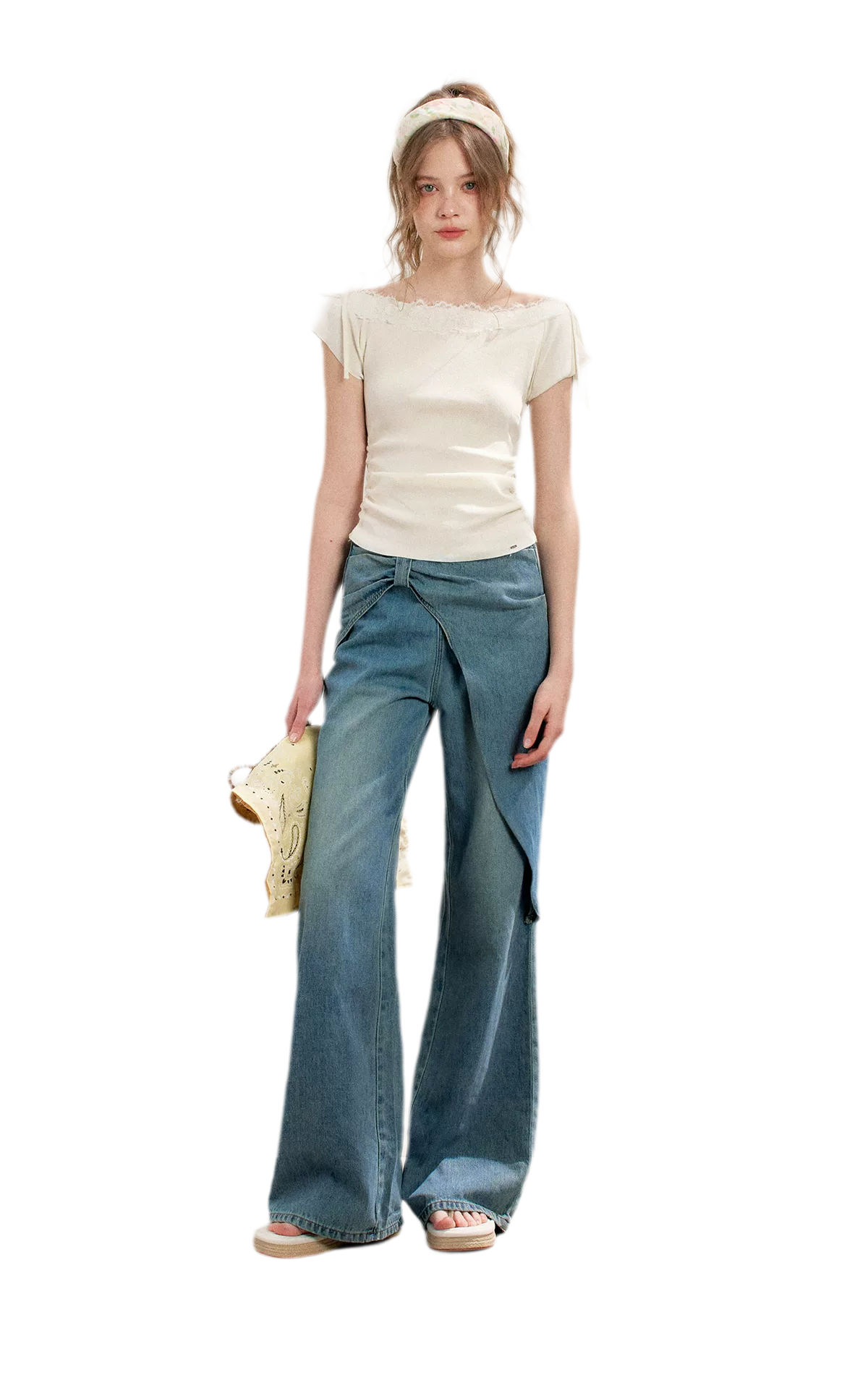 Lace Trim Off-Shoulder Knit Top &amp; Denim Pants