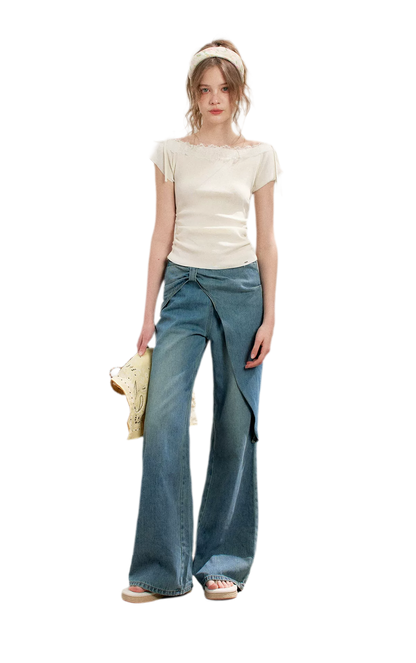 Lace Trim Off-Shoulder Knit Top &amp; Denim Pants