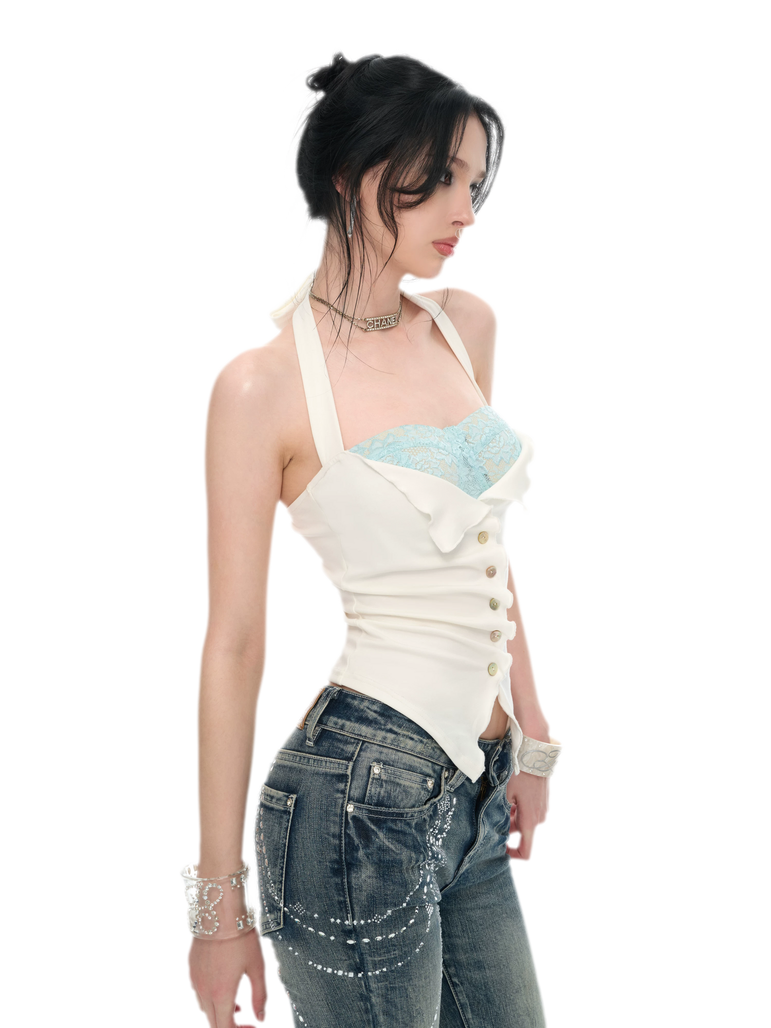 Original Peacock Blue Lace Halter Top