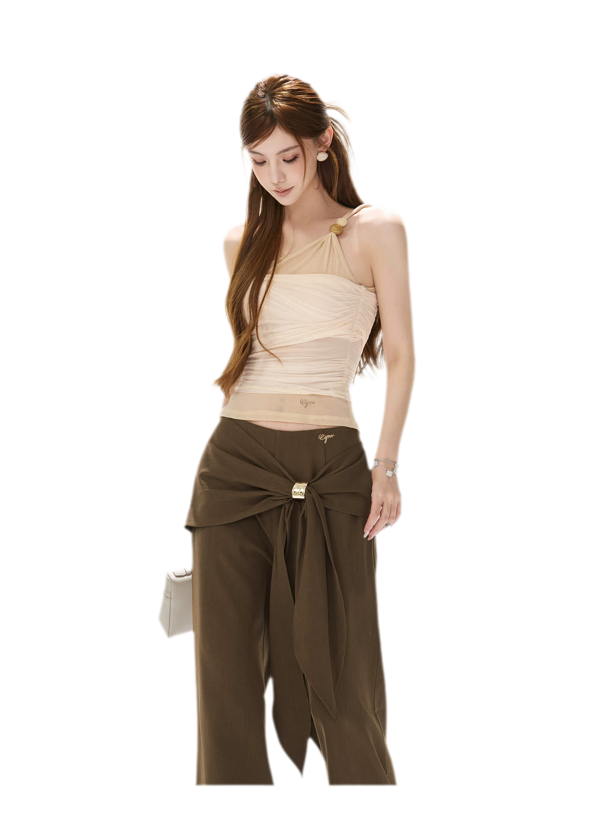 Beaded Ruched Mesh Top