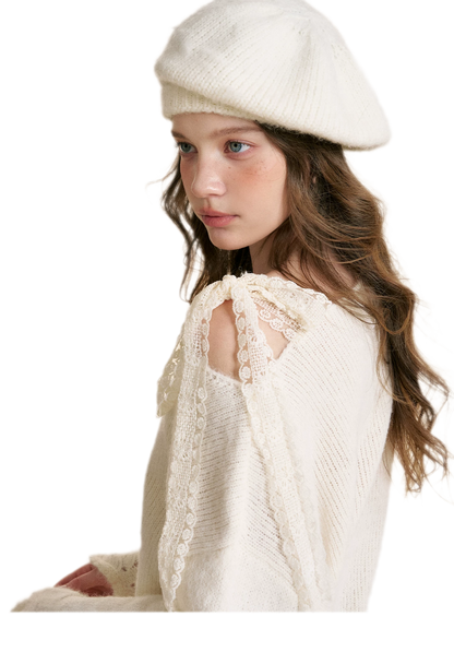 Lace Drawstring Off-Shoulder Sweater
