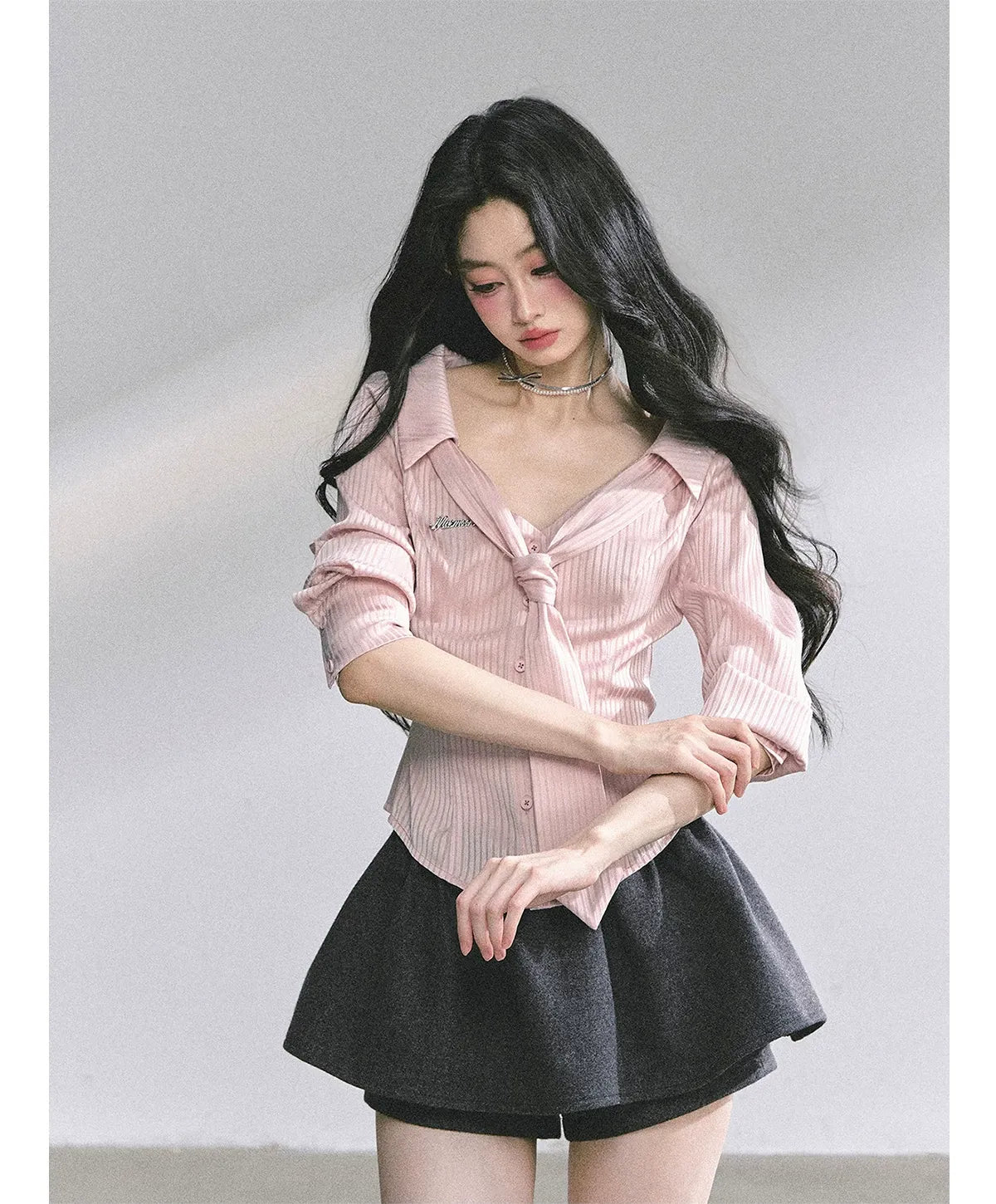 Satin Striped Tie Shirt