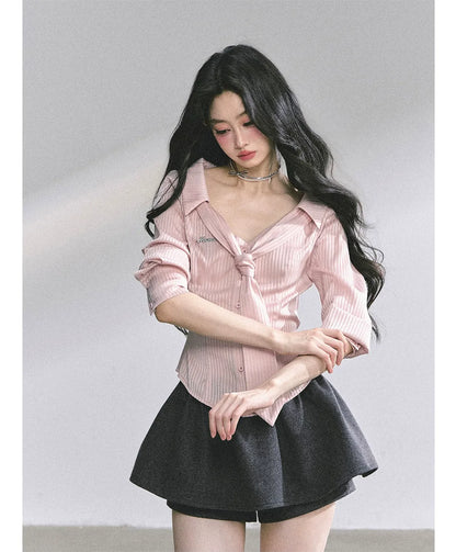 Satin Striped Tie Shirt