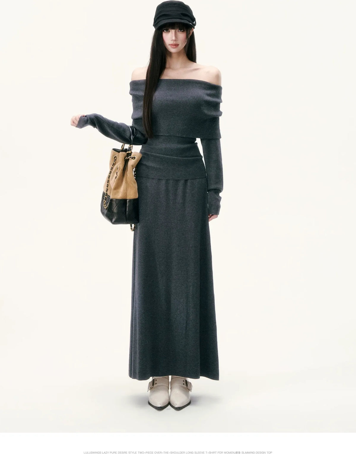 Wool Blend Off-Shoulder Skirt Set — Load image 15 in gallery view