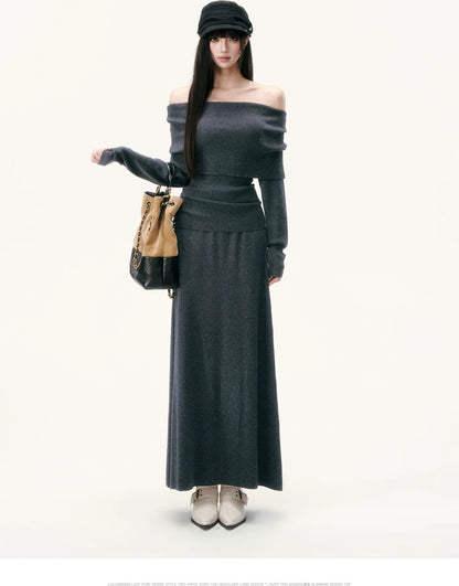 Wool Blend Off-Shoulder Skirt Set