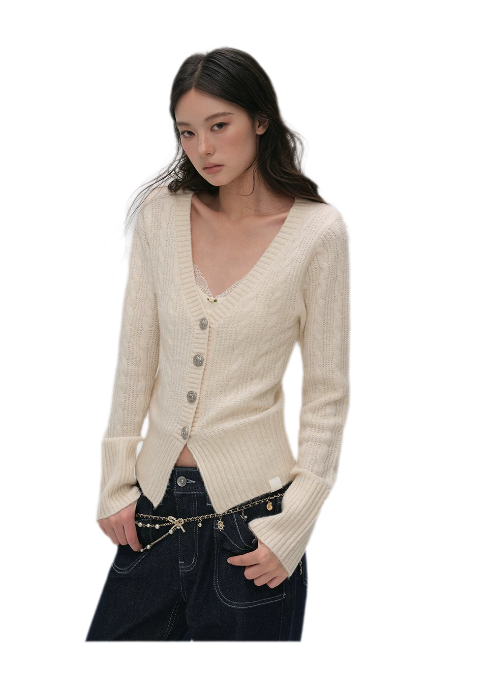 Brushed Cable-Knit Fitted Cardigan