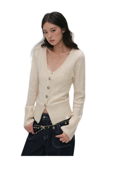 Brushed Cable-Knit Fitted Cardigan