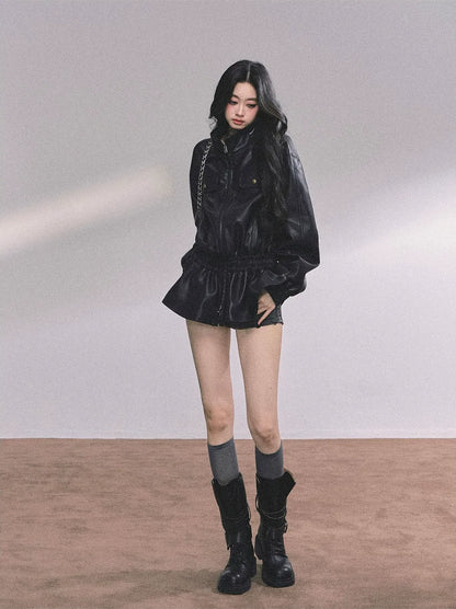 Faux Leather Stand Collar Jacket