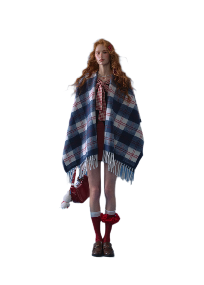 Vintage Plaid Fringed Shawl