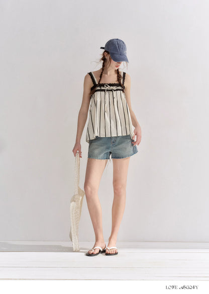 Striped Lace-Trim Tie-Front Camisole