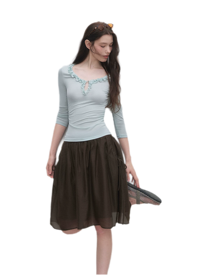Ruffled Neck Stretch Tee