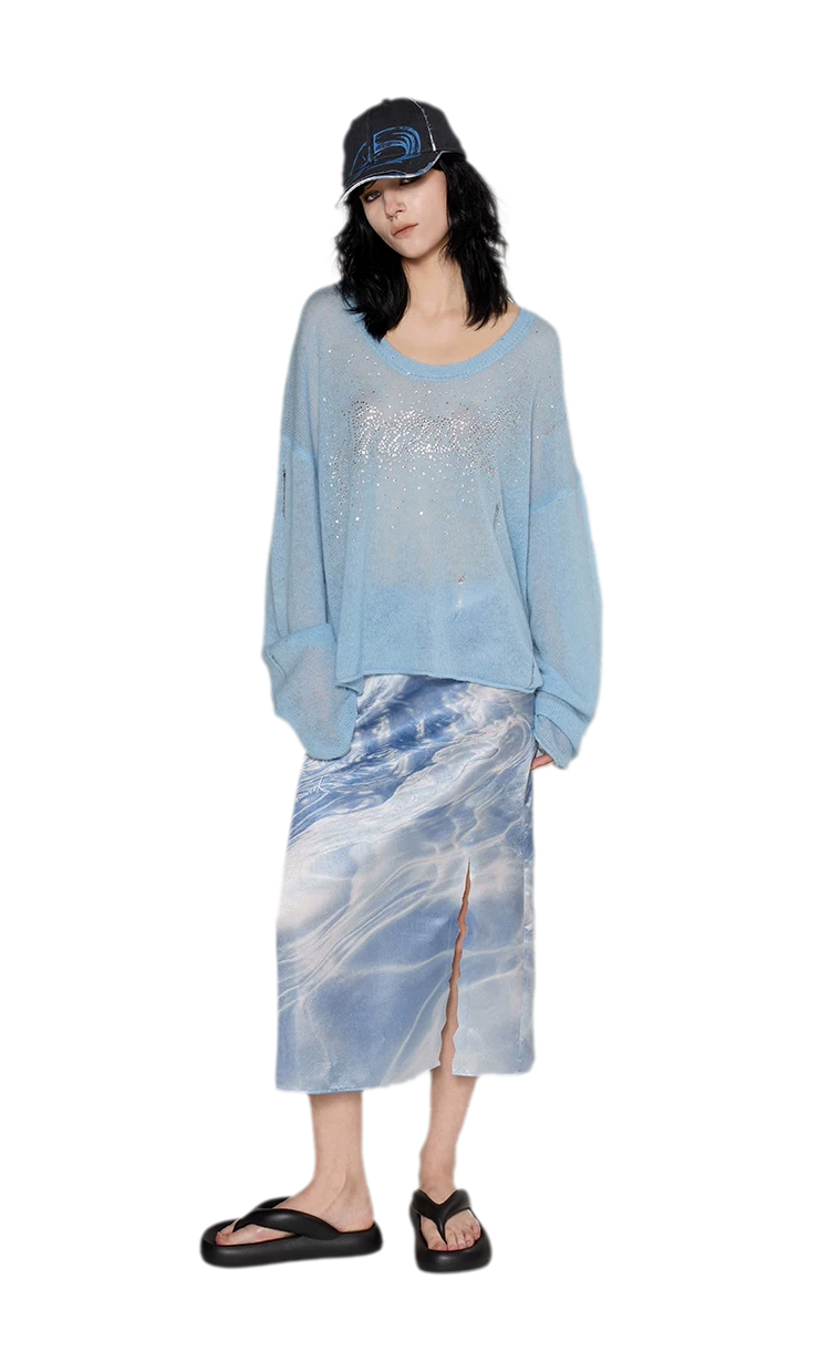 Pullover in mohair effetto consumato con strass