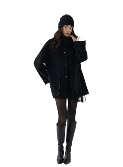 Double-Faced Wool Fringe Cape Coat