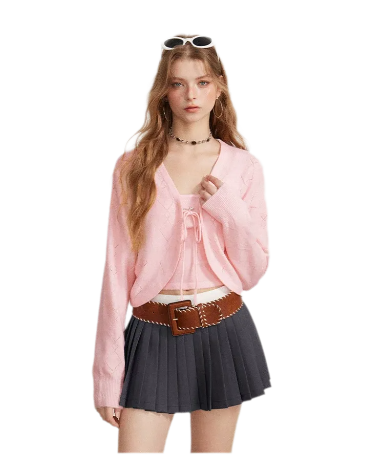 Diamond Knit Tie Cardigan Set