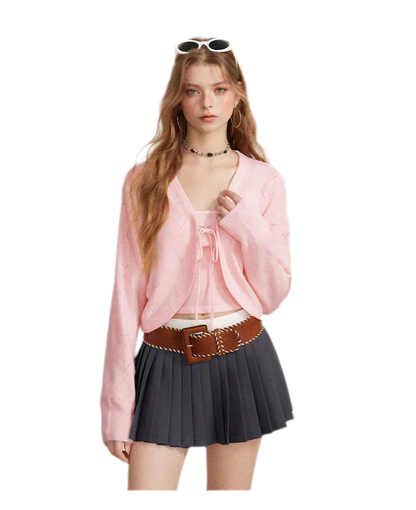 Diamond Knit Tie Cardigan Set