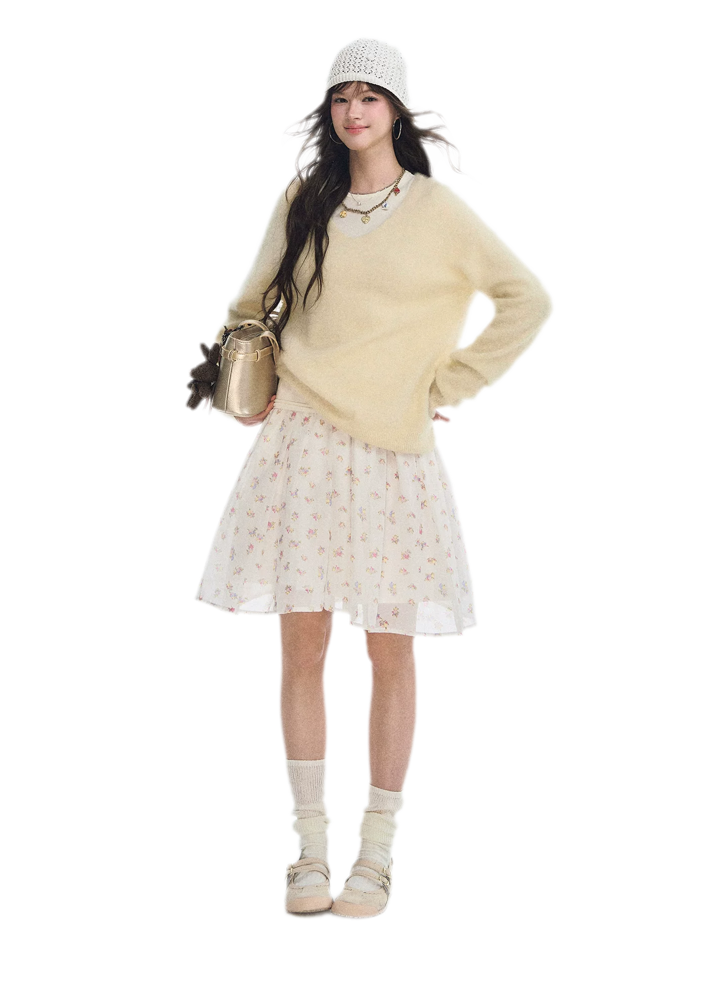 Pleated Floral A-Line Skirt