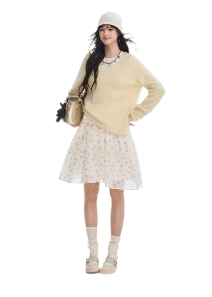 Pleated Floral A-Line Skirt