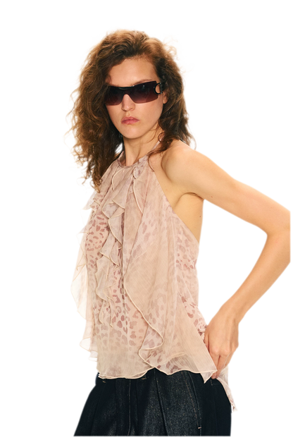 Off-Shoulder Halter Chiffon Check Print Top