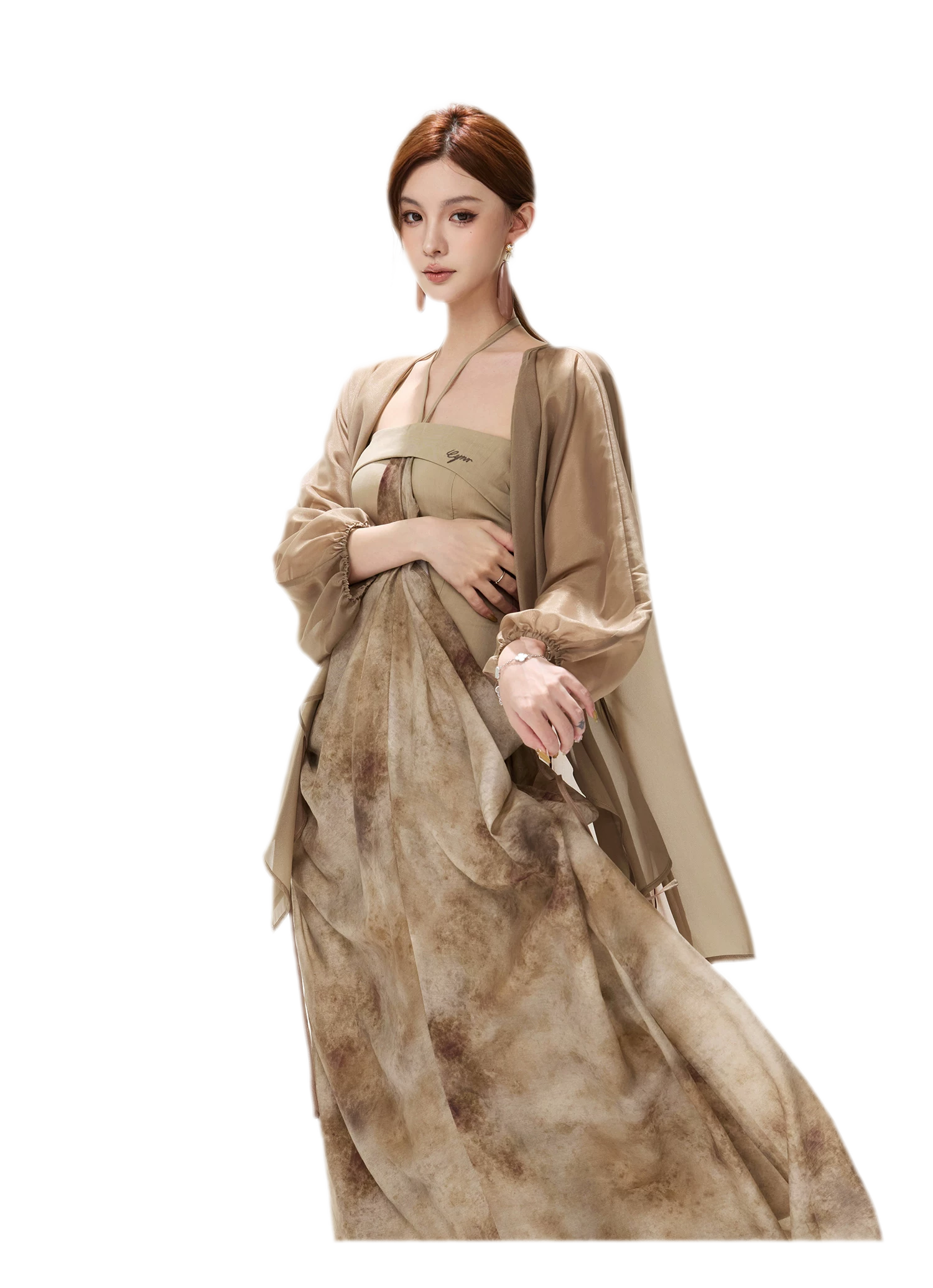 Ink-Wash Pleated Halter Dress