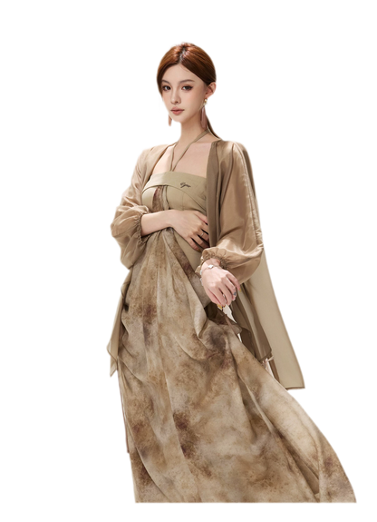 Ink-Wash Pleated Halter Dress