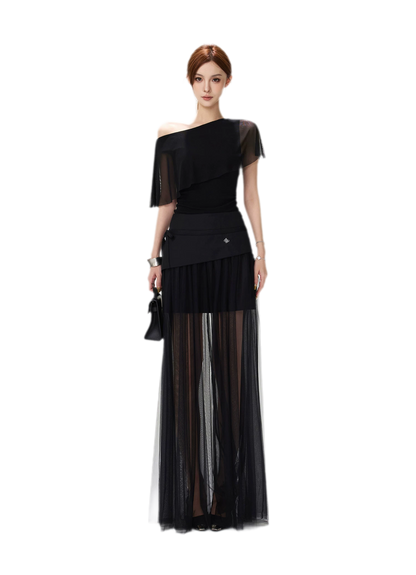 Sheer Layered Asymmetrical Maxi Skirt