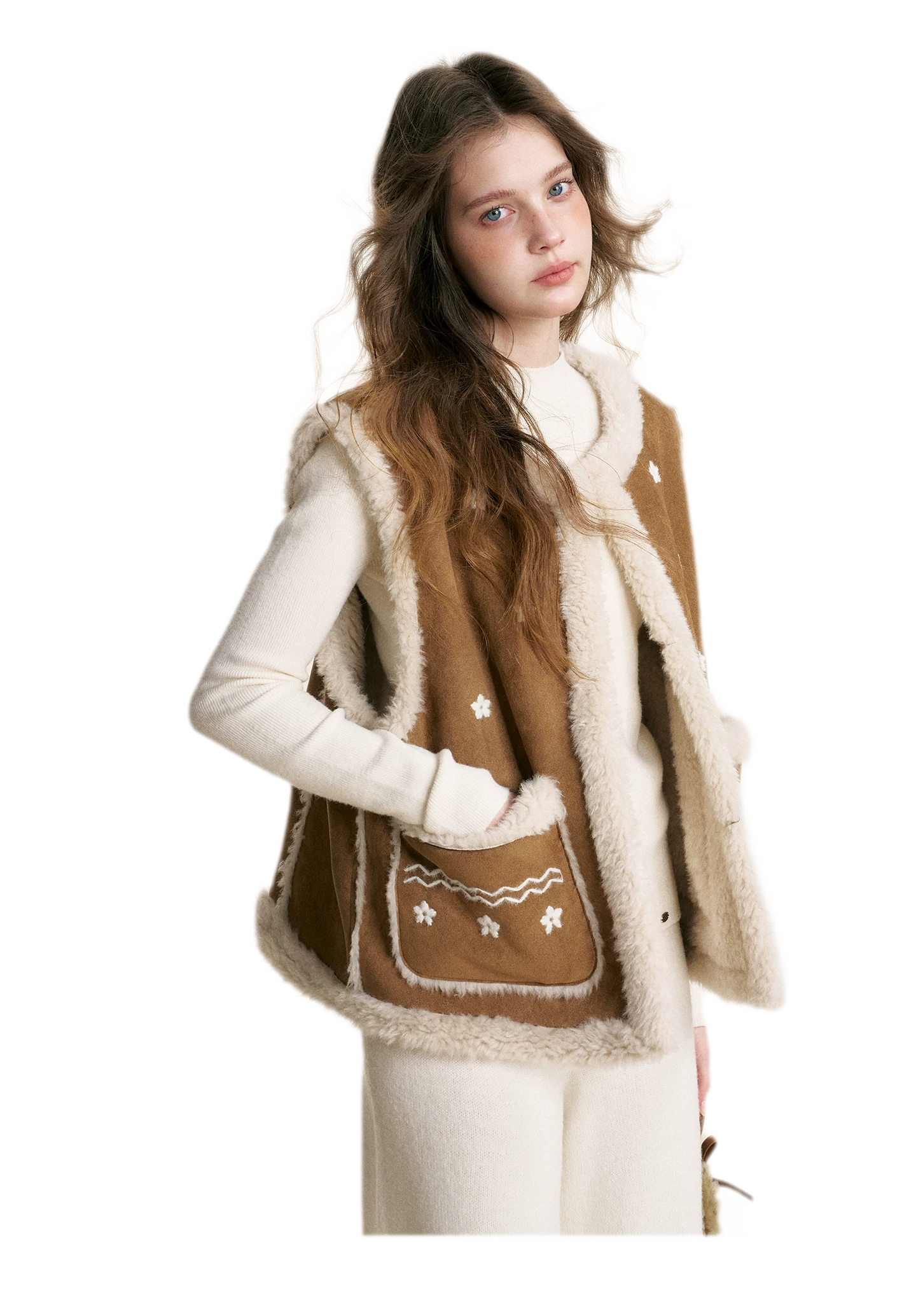 Shearling Floral Embroidered Vest