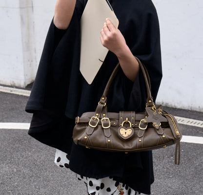 Textured Heart-Lock Top-Handle Bag