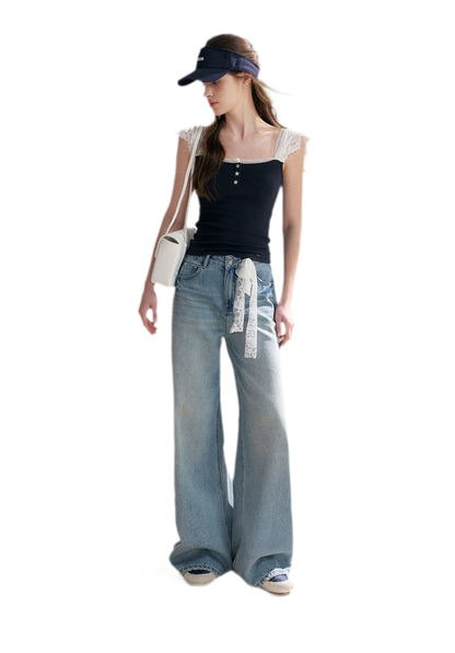 Lace Edge Wide Strap Knit T-Shirt