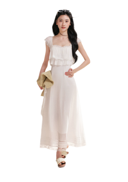Lace Ruffle Waist Long Dress