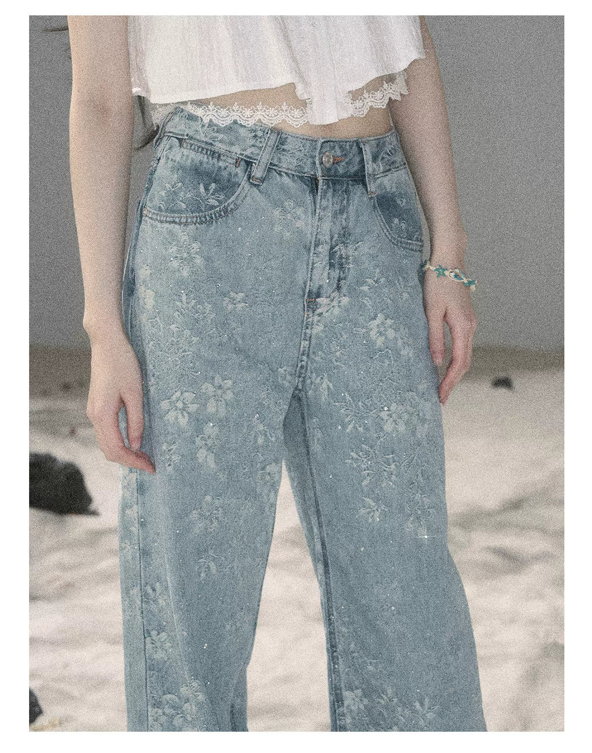 American Style Rhinestone Floral Denim Pants